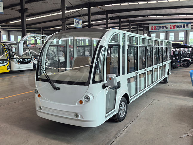 Closed type 23-seater electric shuttle bus front view in production facility