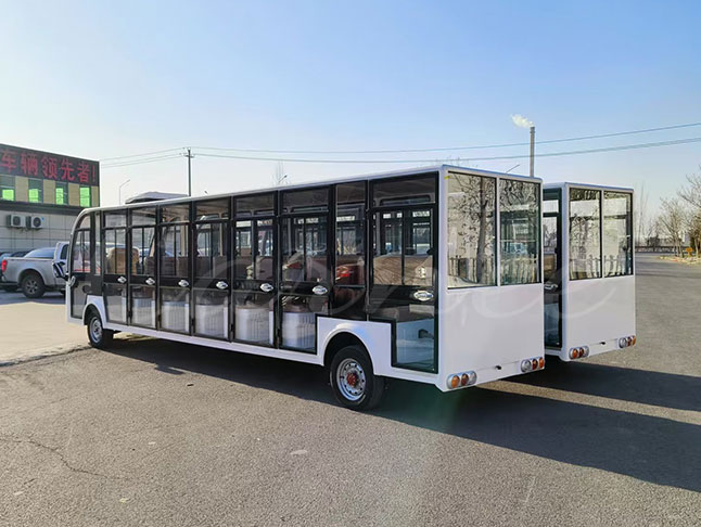 Rear angle view of the 23-seat electric shuttle bus with fully enclosed design
