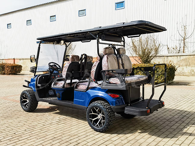 Back view of blue 6 seat electric golf cart with fold-down step