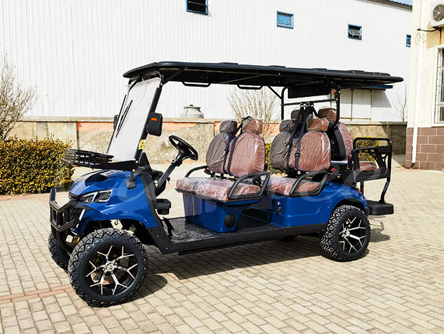 Side view of blue 6 passenger electric golf cart with luxury seating