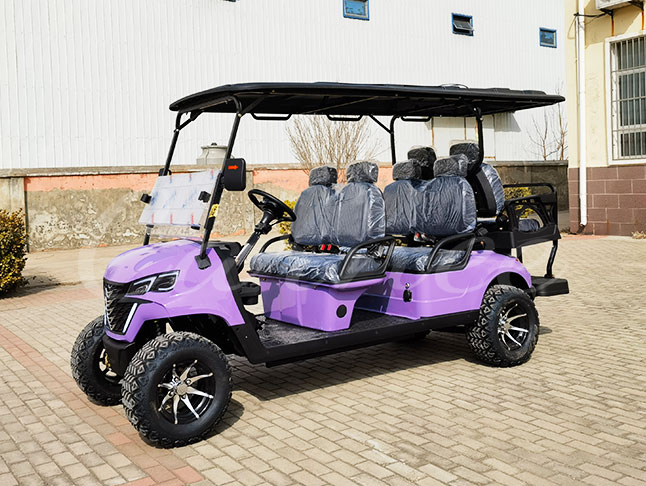 Purple 6 seat electric golf cart with 2+1 seating configuration