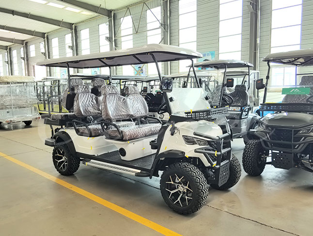 Front view of white 6 seater electric golf cart (2+1 layout)