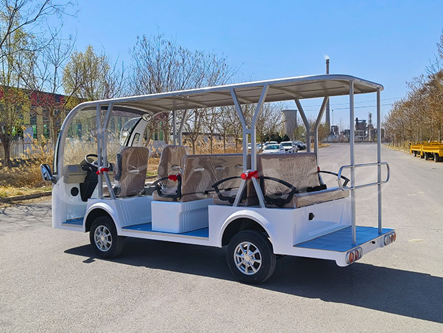 Another side view of the white 11-seater open electric shuttle bus, featuring a spacious and comfortable interior.
