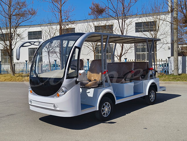 Front view of the 11-seater white open electric shuttle bus, offering an eco-friendly and efficient travel solution for tourists