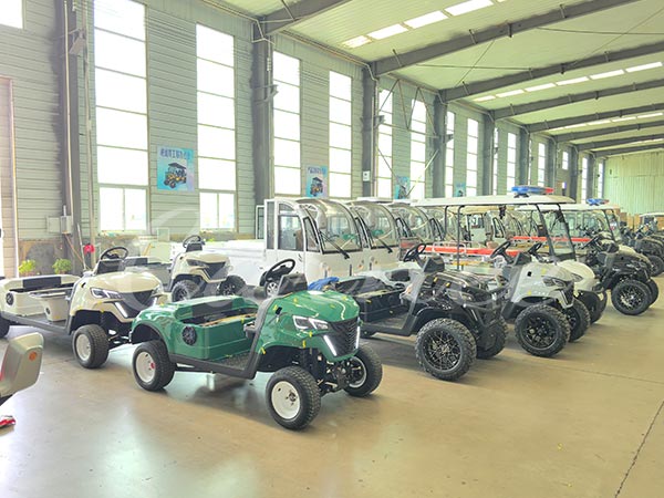 Electric golf carts lined up in a modern factory workshop, showing various models and colors.