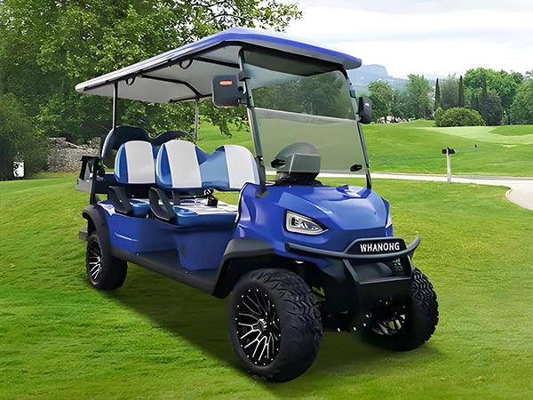 Blue six-seater electric golf cart designed for golf course transportation.