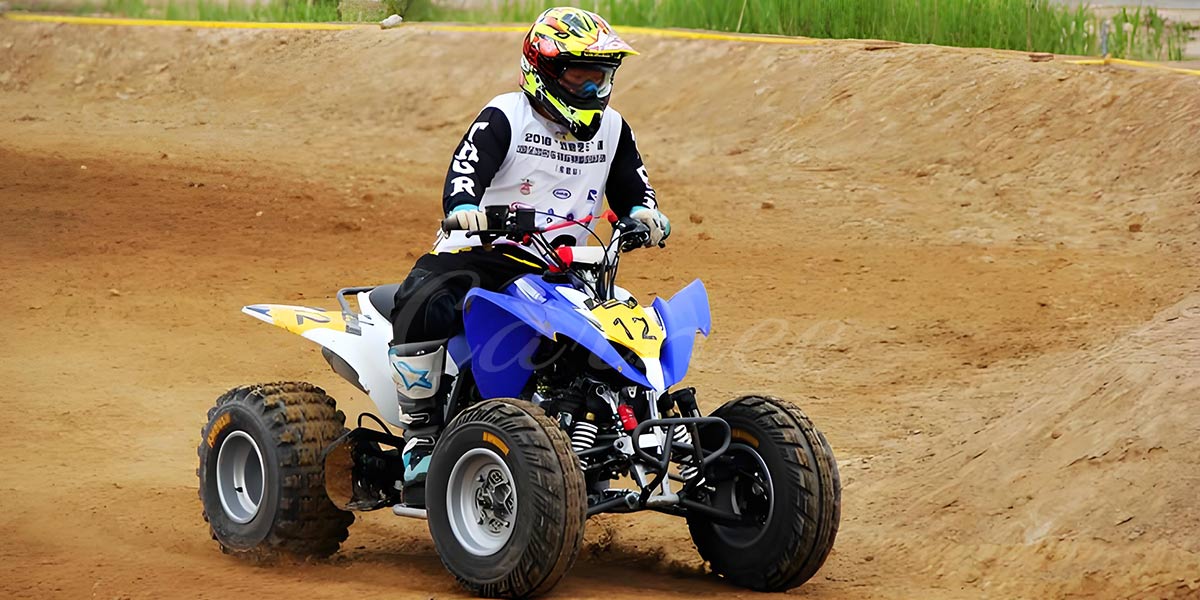 Rider on an ATV racing on a dirt track, illustrating the performance and thrill of sport ATVs for motocross and off-road racing.