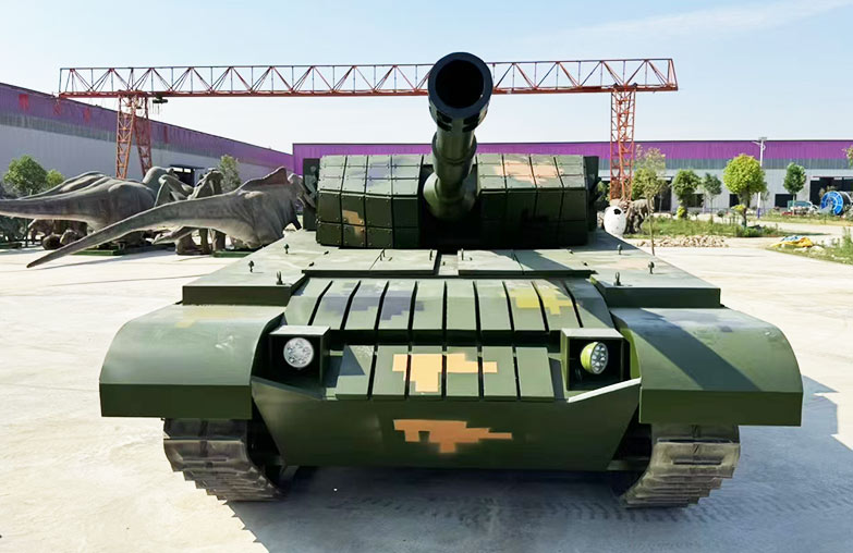 Front view of realistic 99A dynamic tank ride manufactured by Carnee Rides, ready for client delivery.