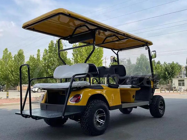 6-seater yellow golf cart showing typical dimensions and seat layout