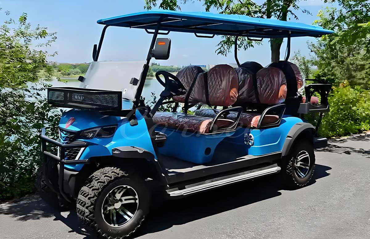 Blue large golf buggy with off-road tires and multiple seats for reference size