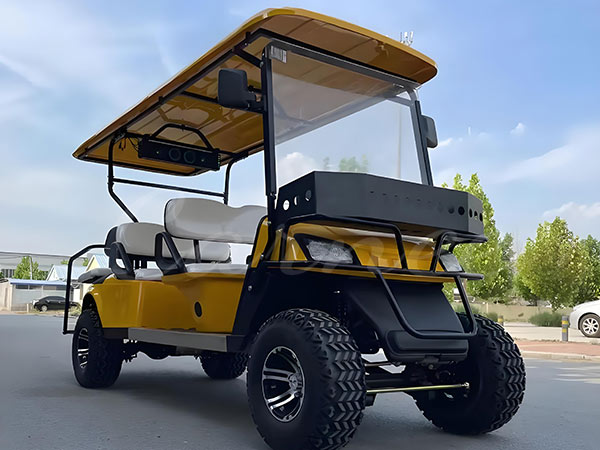 Front view of yellow golf cart highlighting size and tire specifications