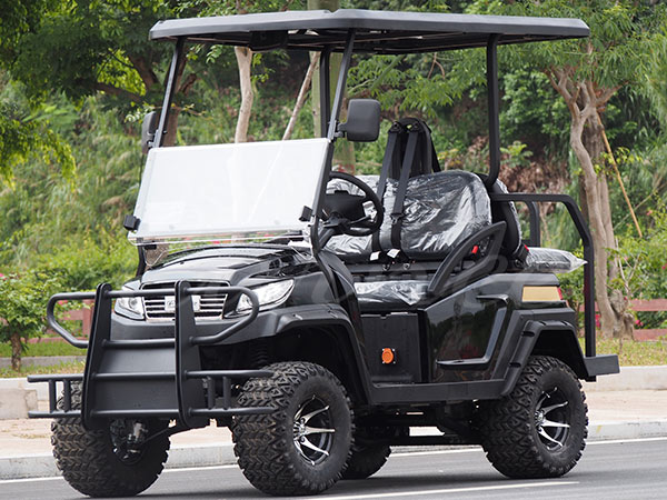 All-terrain golf cart with large tires and lifted body, highlighting wider golf cart dimensions.