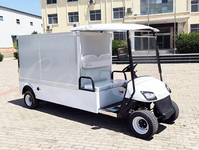 Interior view of cargo space in electric food golf cart, providing ample room for food trays, drinks, and catering supplies.