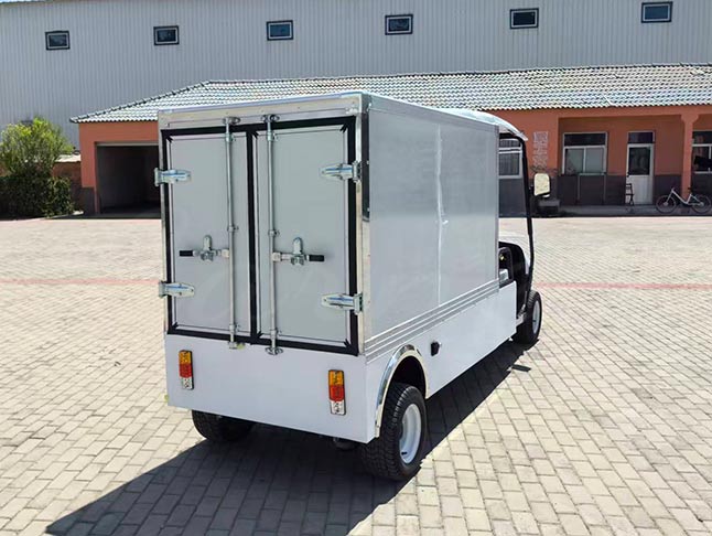 Rear side view of electric food catering golf cart with durable cargo doors, providing reliable storage for food delivery.
