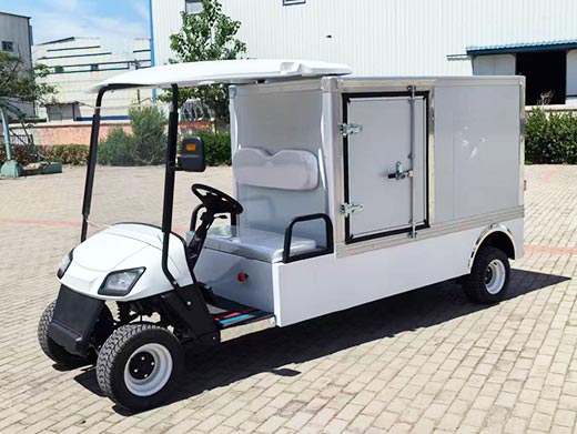 Side view of electric food catering golf cart, designed for easy access to the cargo box, ideal for food and beverage delivery.
